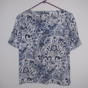 Lauren Petite P-LG purple and white patterned t-shirt.